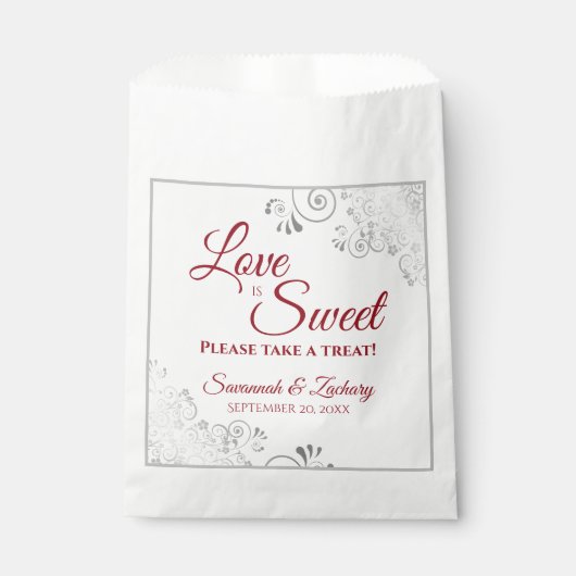 Sachets En Papier L'amour est Sweet Silver Lace & Red Script Mariage (Devant)