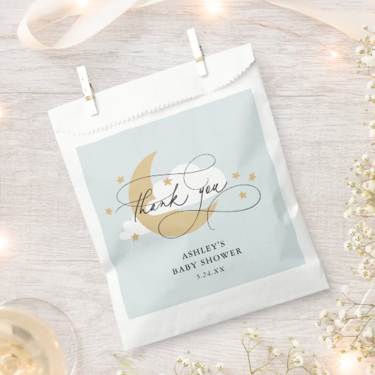 Sachets En Papier Lune et étoiles Bleu Script Baby shower Merci C (Coupé)