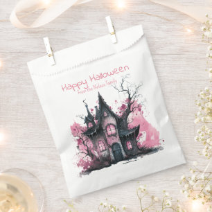 Sachets En Papier Maison hantée rose et gris Joyeux Halloween