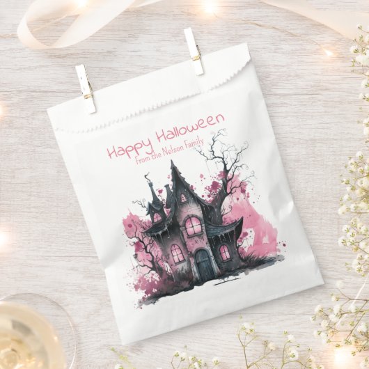 Sachets En Papier Maison hantée rose et gris Joyeux Halloween (Coupé)