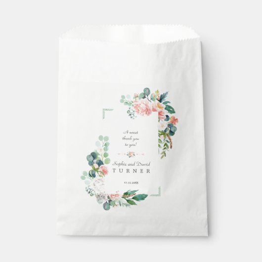 Sachets En Papier Mariage Cadre Vert Fleurs Blanches Rose Aquarelle (Devant)