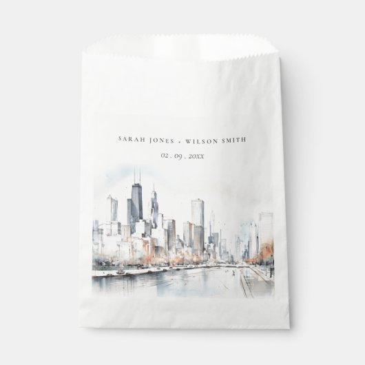 Sachets En Papier Mariage d'aquarelle de Chicago, Illinois City Scap (Devant)