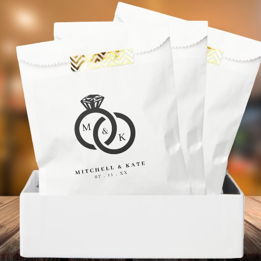 Sachets En Papier Mariage de monogramme à anneaux diamant blanc et n