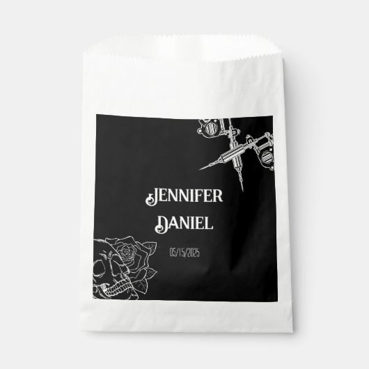 Sachets En Papier Mariage de tatouage de crâne noir et blanc (Devant)