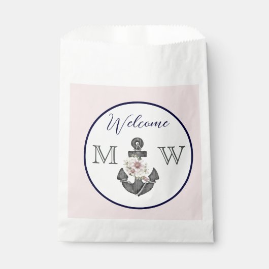 Sachets En Papier Mariage nautique Floral Ancre Rose Marine Bienvenu (Devant)