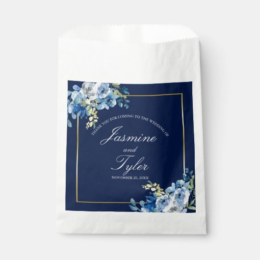 Sachets En Papier Marine Bleu Floral Élégant Personnalisé Mariage du (Devant)