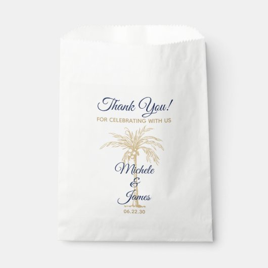 Sachets En Papier Marine Blue Gold Palm Tree Mariage moderne (Devant)