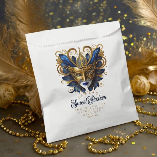 Sachets En Papier Masquerade Motif Sweet 16 Blue Gold ID1032