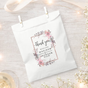 Sachets En Papier Merci Mariage floral à cadre bleu et Rose or