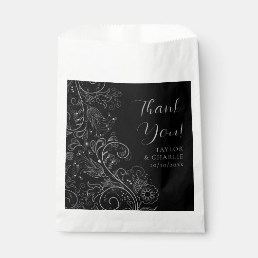 Sachets En Papier Merci Mariage floral soyeux et noir (Devant)