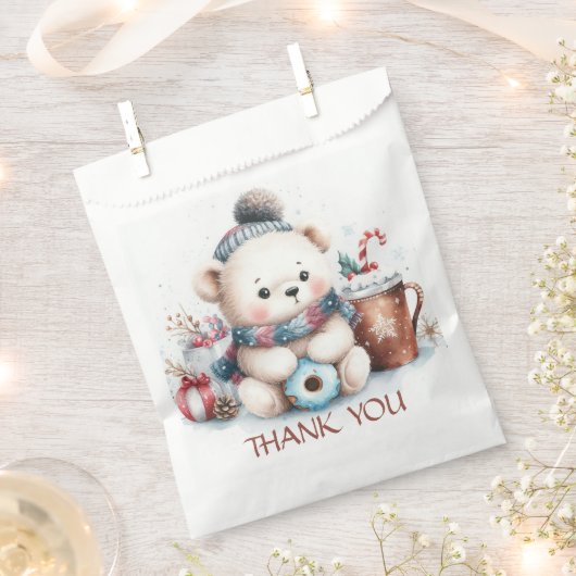 Sachets En Papier Merci ours mignon hiver bleu casquette Noël (Coupé)