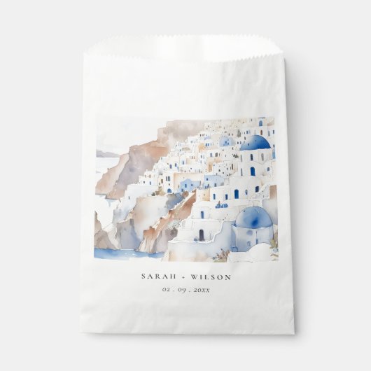 Sachets En Papier Minimal chic Santorini Grèce Mariage aquarelle (Devant)