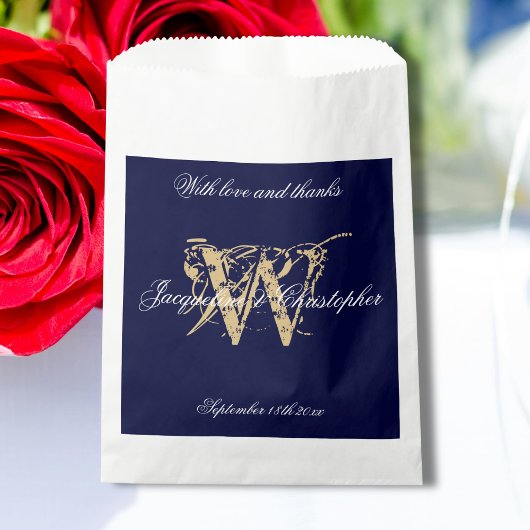 Sachets En Papier Monogramme blanc or de marine +Noms Mariage Merci
