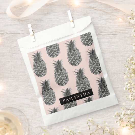 Sachets En Papier Motif Tropical Grey & Rose Ananas Avec Nom (Coupé)