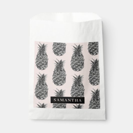 Sachets En Papier Motif Tropical Grey & Rose Ananas Avec Nom (Devant)