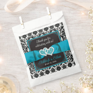 Sachets En Papier Noir Damas, Tturquoise Love Hearts Mariage
