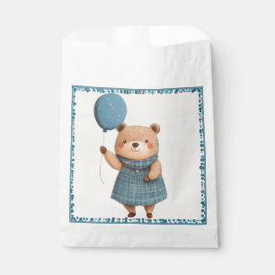 Sachets En Papier Ours de fille avec robe bleue plaid et ballon