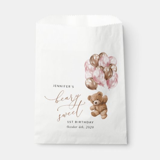 Sachets En Papier Ours En Joue, Ballons Roses, Premier Anniversaire (Devant)