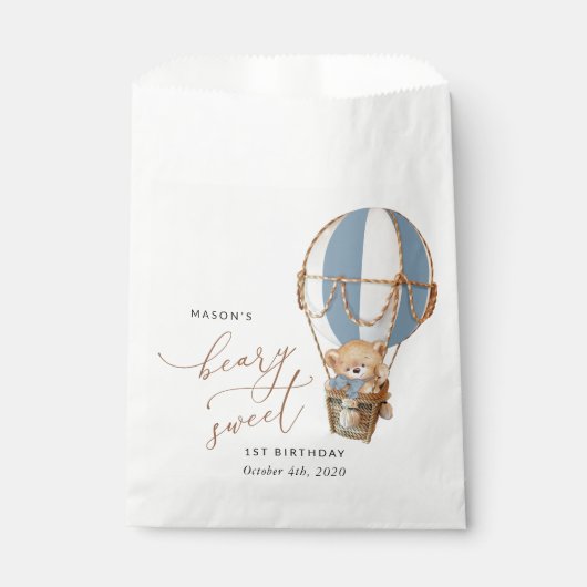 Sachets En Papier Ours en peluche, Bleu à air chaud, premier anniver (Devant)