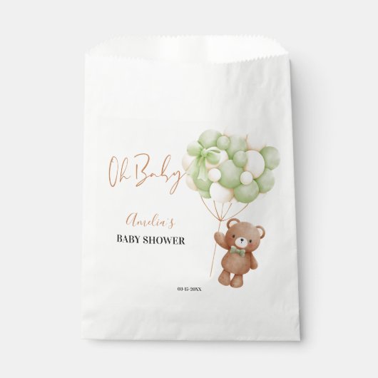 Sachets En Papier Ours en peluche vert neutre Oh bébé ballon bébé (Devant)