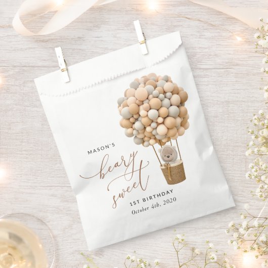 Sachets En Papier Ours mignon, Ballons Beiges, Premier Anniversaire (Coupé)
