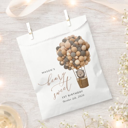Sachets En Papier Ours mignon, Ballons Brown, Premier anniversaire (Coupé)