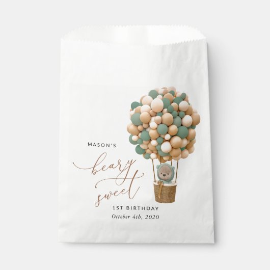Sachets En Papier Ours mignon, Ballons verts, Premier anniversaire (Devant)