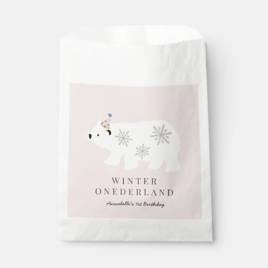Sachets En Papier Ours polaire Hiver Onederland rose 1er anniversair (Devant)