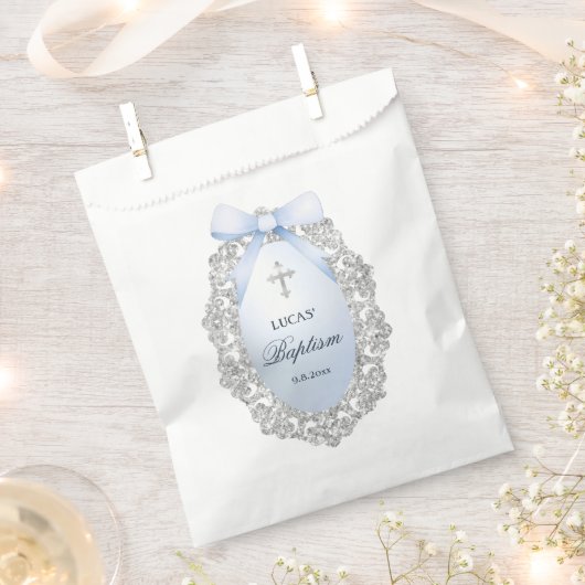 Sachets En Papier Oval Silver Glitter Frame Blue Bow Baptism (Coupé)