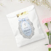 Sachets En Papier Oval Silver Glitter Frame Blue Bow Baptism (Scellé)
