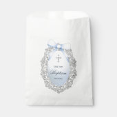 Sachets En Papier Oval Silver Glitter Frame Blue Bow Baptism (Devant)