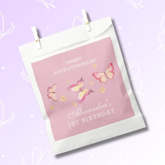 Sachets En Papier Papillon rose fille 1er Merci d'anniversaire