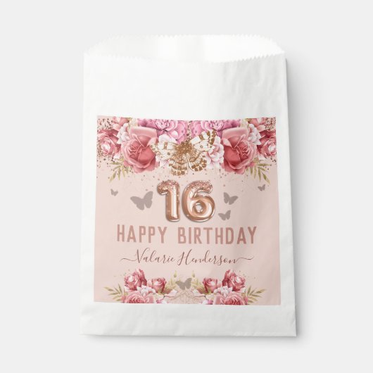 Sachets En Papier Papillons floraux rose joyeux 16e anniversaire (Devant)