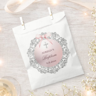 Sachets En Papier Parties scintillant Argent Cadre rose Bow Baptême