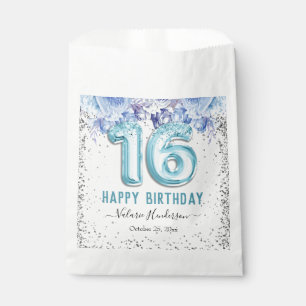 Sachets En Papier Parties scintillant florale Bleu clair Joyeux 16e 