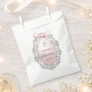 Sachets En Papier Parties scintillant ovale Argent Cadre Bow rose Ba