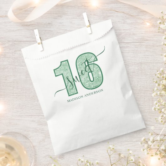 Sachets En Papier Parties scintillant verte Script Sweet 16 Annivers (Coupé)