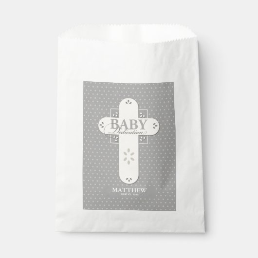 Sachets En Papier Personnaliser, Dédication bébé Crème et Croix gris (Devant)