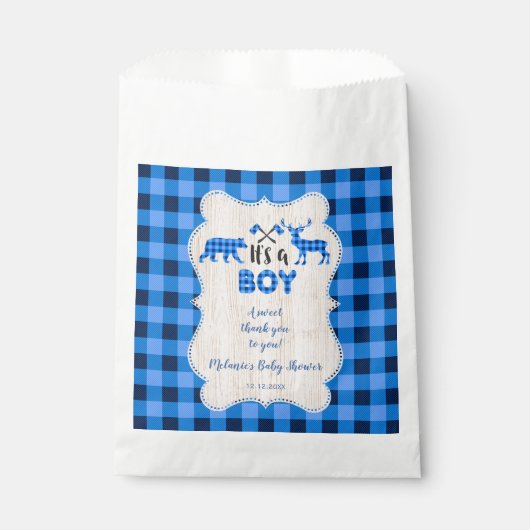 Sachets En Papier Petit Chasseur de bûcheron Baby shower bleu plaid (Devant)