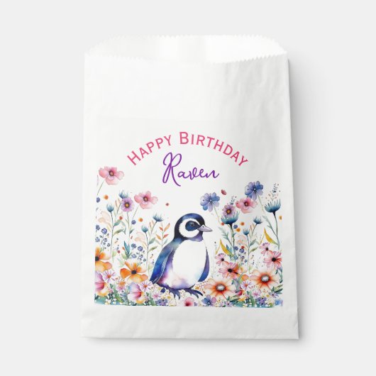 Sachets En Papier Pingouin en fleurs Fille Anniversaire Personnalisé (Devant)