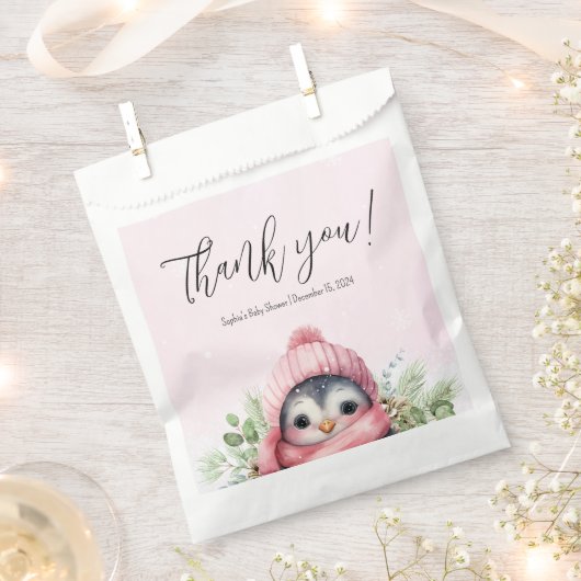 Sachets En Papier Pingouin mignon Baby shower d'hiver Neige rose (Coupé)