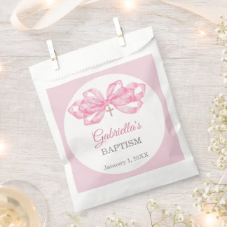 Sachets En Papier Pink Bow Baptism Favor Bag Custom Watercolor Cross