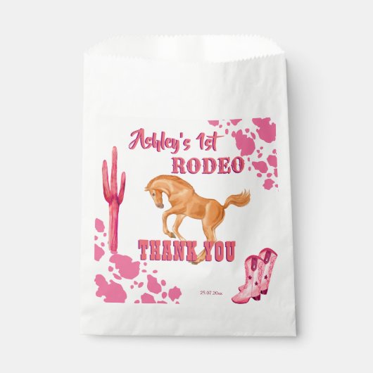 Sachets En Papier Pink First rodeo cowgirl fête d'anniversaire merci (Devant)