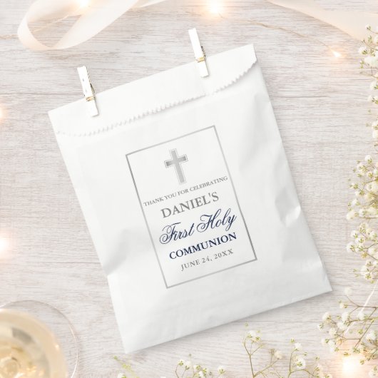 Sachets En Papier Première Communion Bleue et Argent (Coupé)