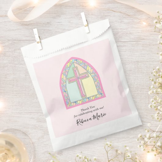 Sachets En Papier Première communion en verre rose (Coupé)