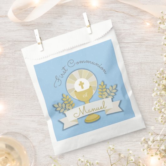 Sachets En Papier Première communion sainte bleue (Coupé)