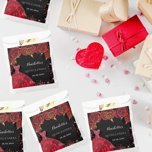 Sachets En Papier Quinceanera fleurs de robe rouge noire