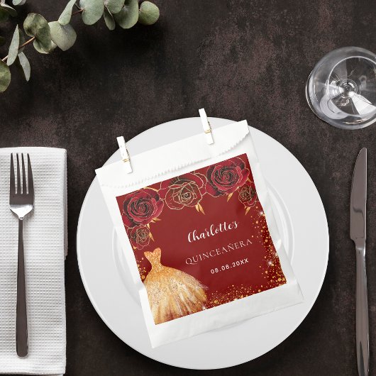 Sachets En Papier Quinceanera fleurs de robe rouge or