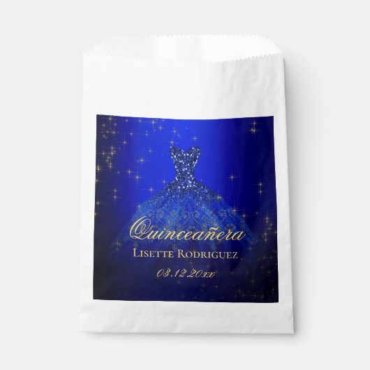 Sachets En Papier Quinceanera personnalisée bleu et or (Devant)