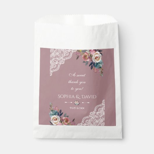 Sachets En Papier Romantique Dusty bleu Dusty Rose Fleurs Mariage (Devant)